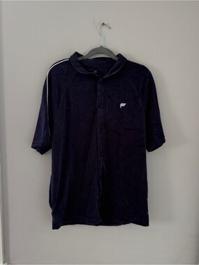 Fabletics Navy Terry Towel Button-Up Short Sleeve Polo with White Stripe